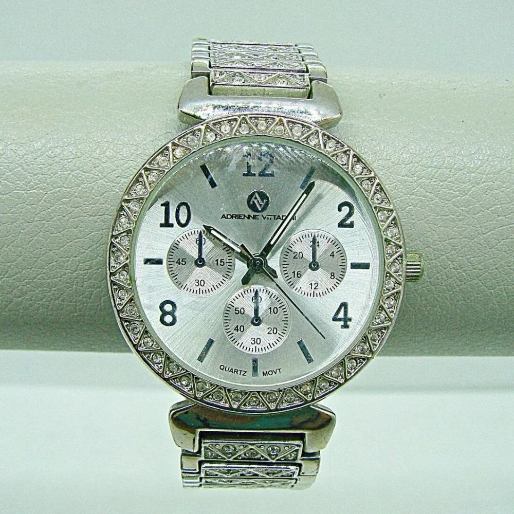 Adrienne Vittadini Womens Silver Rhinestone Chronographic Wristwatch Metal Band
